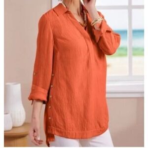 Soft Surroundings Sorano Gauze Roll Tab Sleeve Orange Tunic Top Medium